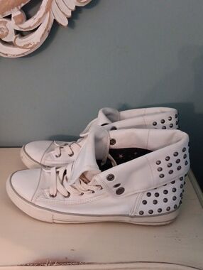 ^ White Faux Leather High-Top Studded Sneakers